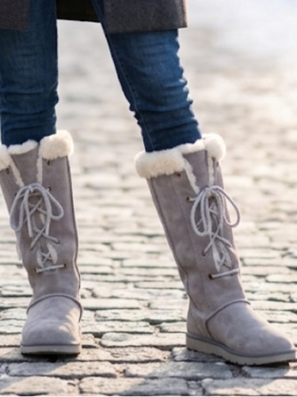 UGG Light Gray Faux-Suede Lace-Up Shearling Trim Mid-Calf Boots